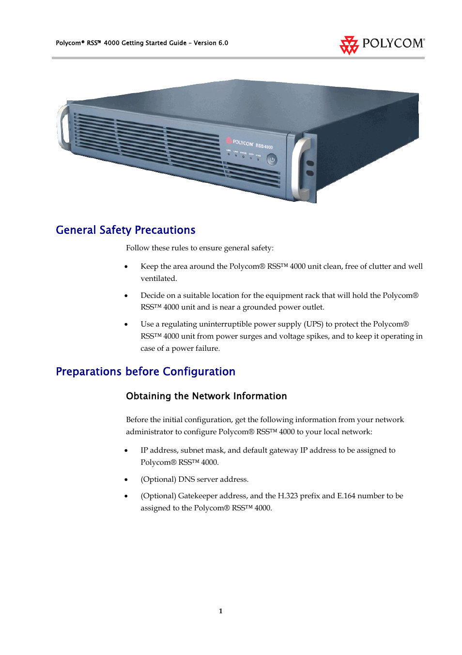 General safety precautions, Preparations before configuration | Polycom RSS 4000 User Manual | Page 3 / 13