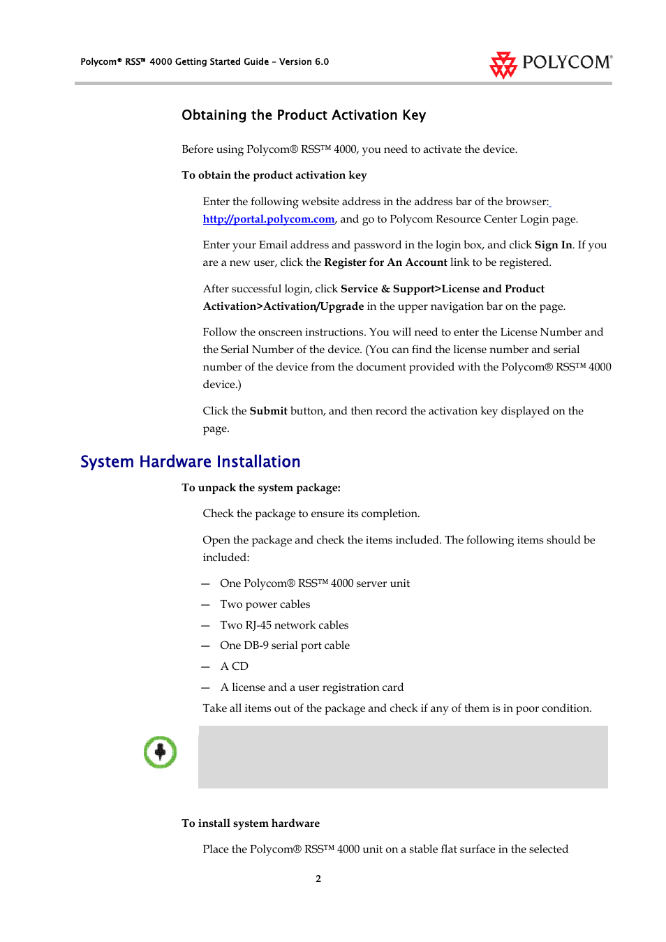 System hardware installation | Polycom RSS 4000 User Manual | Page 4 / 13