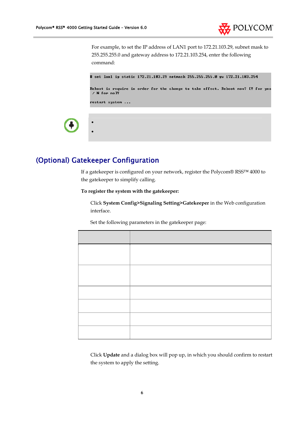 Optional) gatekeeper configuration | Polycom RSS 4000 User Manual | Page 8 / 13