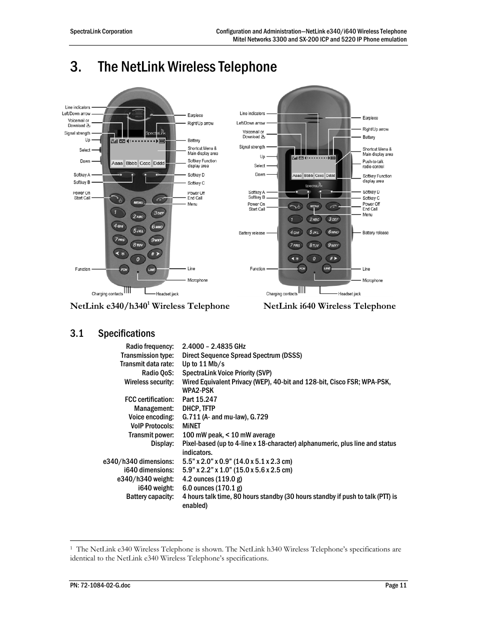 The netlink wireless telephone, 1 specifications | Polycom Mitel Networks 3300 User Manual | Page 11 / 60