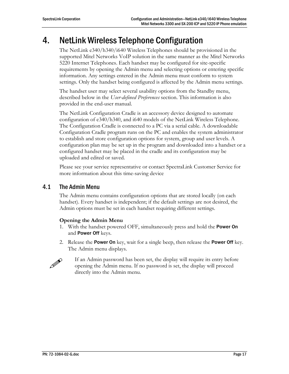 Netlink wireless telephone configuration, 1 the admin menu | Polycom Mitel Networks 3300 User Manual | Page 17 / 60