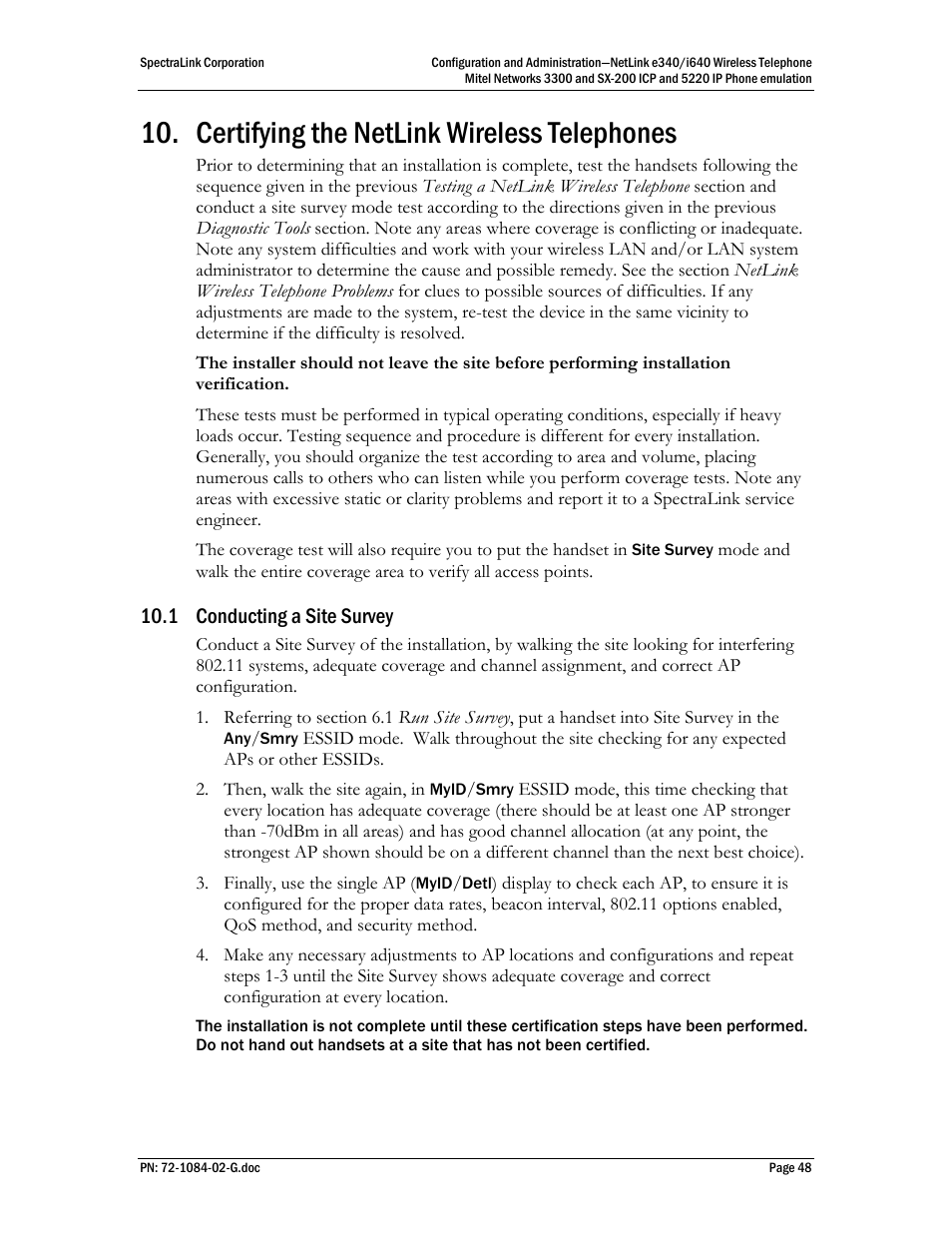 Certifying the netlink wireless telephones, 1 conducting a site survey | Polycom Mitel Networks 3300 User Manual | Page 48 / 60