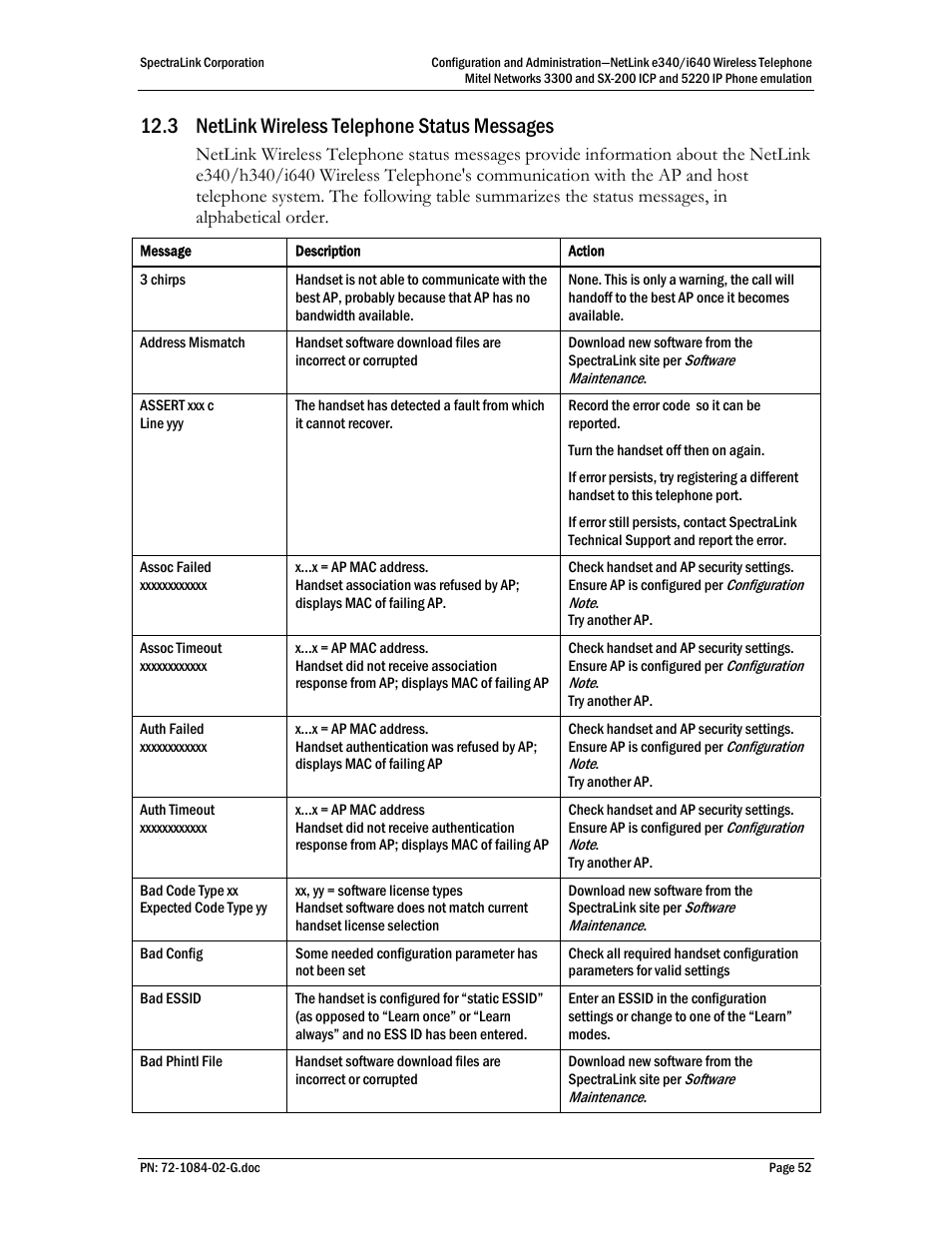 3 netlink wireless telephone status messages | Polycom Mitel Networks 3300 User Manual | Page 52 / 60