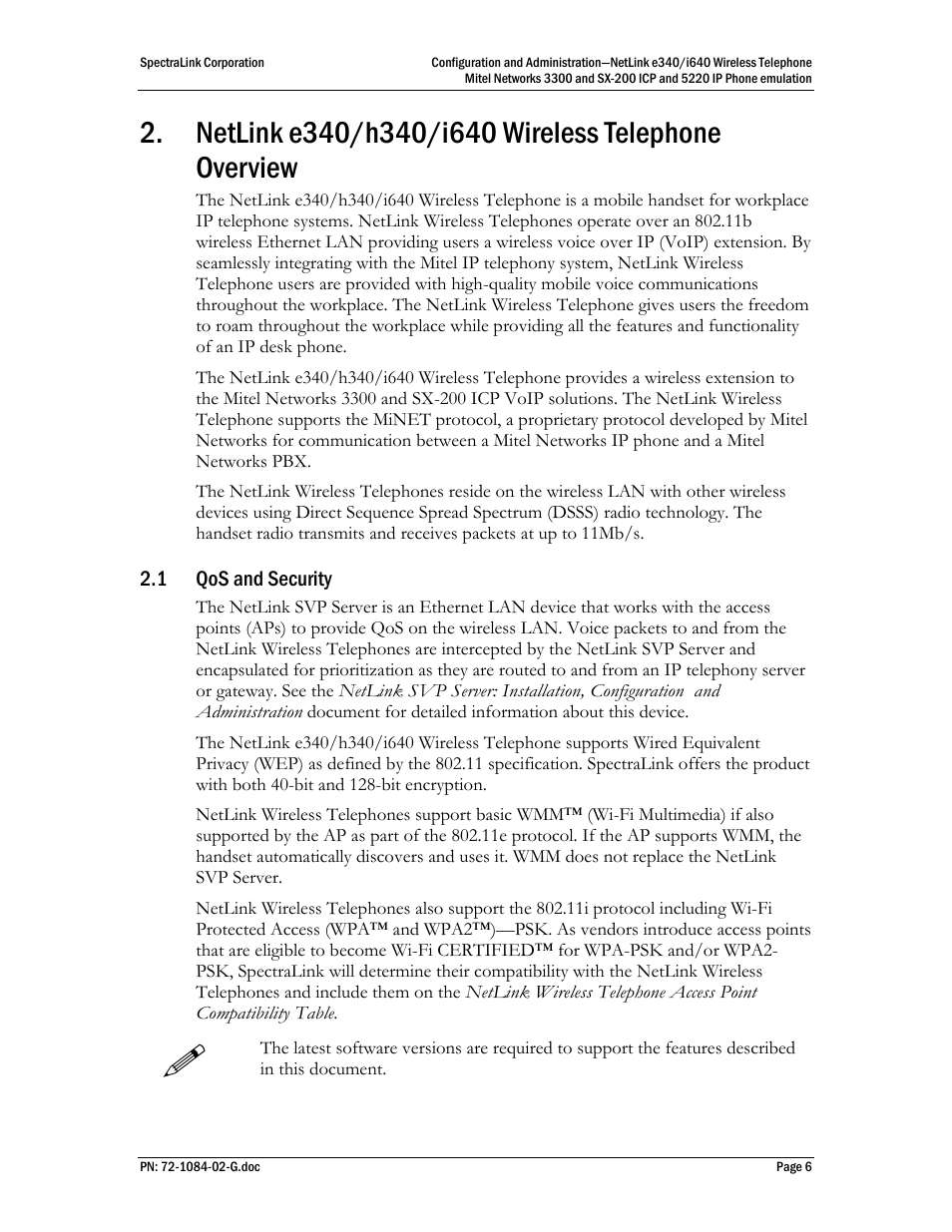 Netlink e340/h340/i640 wireless telephone overview, 1 qos and security | Polycom Mitel Networks 3300 User Manual | Page 6 / 60