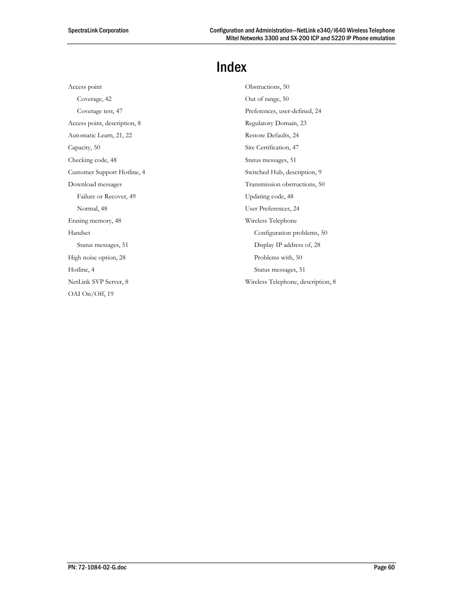 Index | Polycom Mitel Networks 3300 User Manual | Page 60 / 60