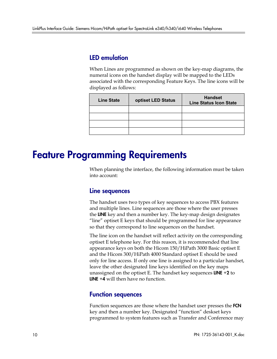 Feature programming requirements, Led emulation, Line sequences | Function sequences | Polycom SpectraLink 1725-36143-001 User Manual | Page 10 / 21