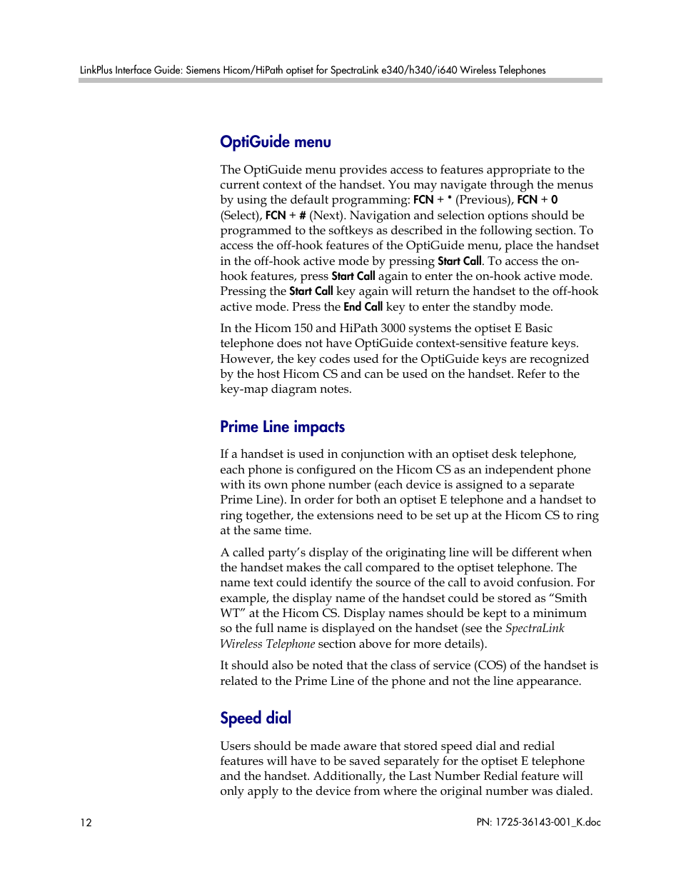 Optiguide menu, Prime line impacts, Speed dial | Polycom SpectraLink 1725-36143-001 User Manual | Page 12 / 21