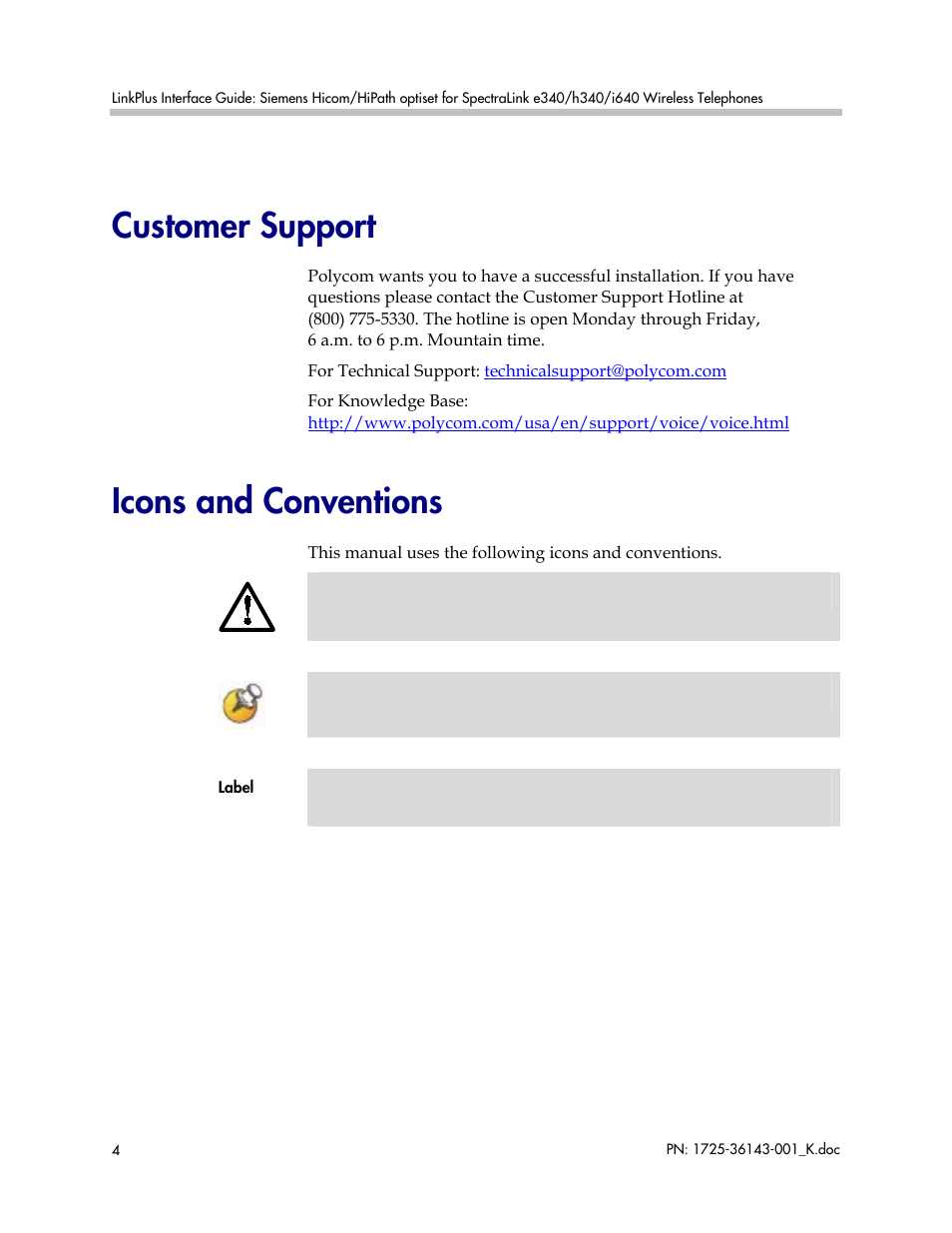 Customer support, Icons and conventions | Polycom SpectraLink 1725-36143-001 User Manual | Page 4 / 21