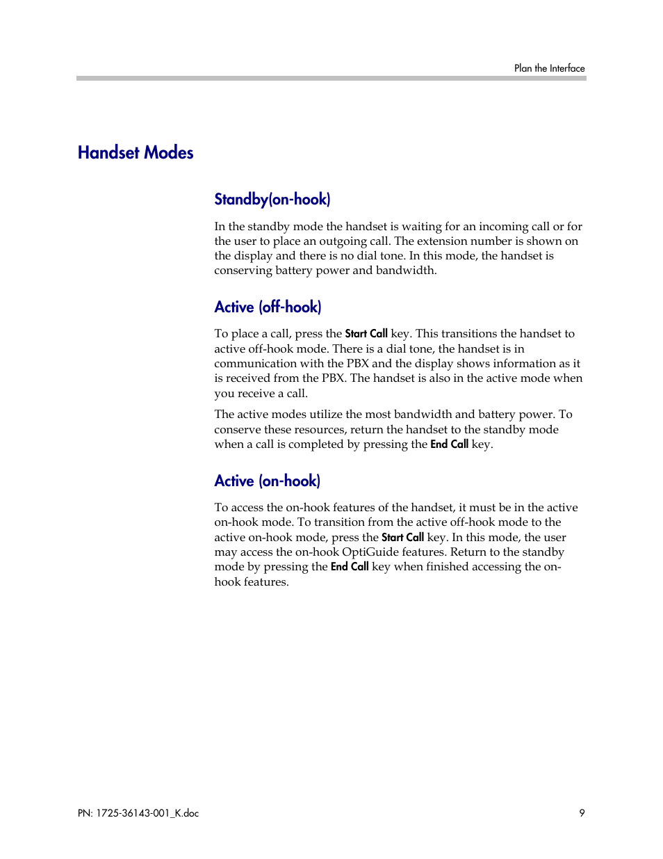 Handset modes, Standby(on-hook), Active (off-hook) | Active (on-hook) | Polycom SpectraLink 1725-36143-001 User Manual | Page 9 / 21