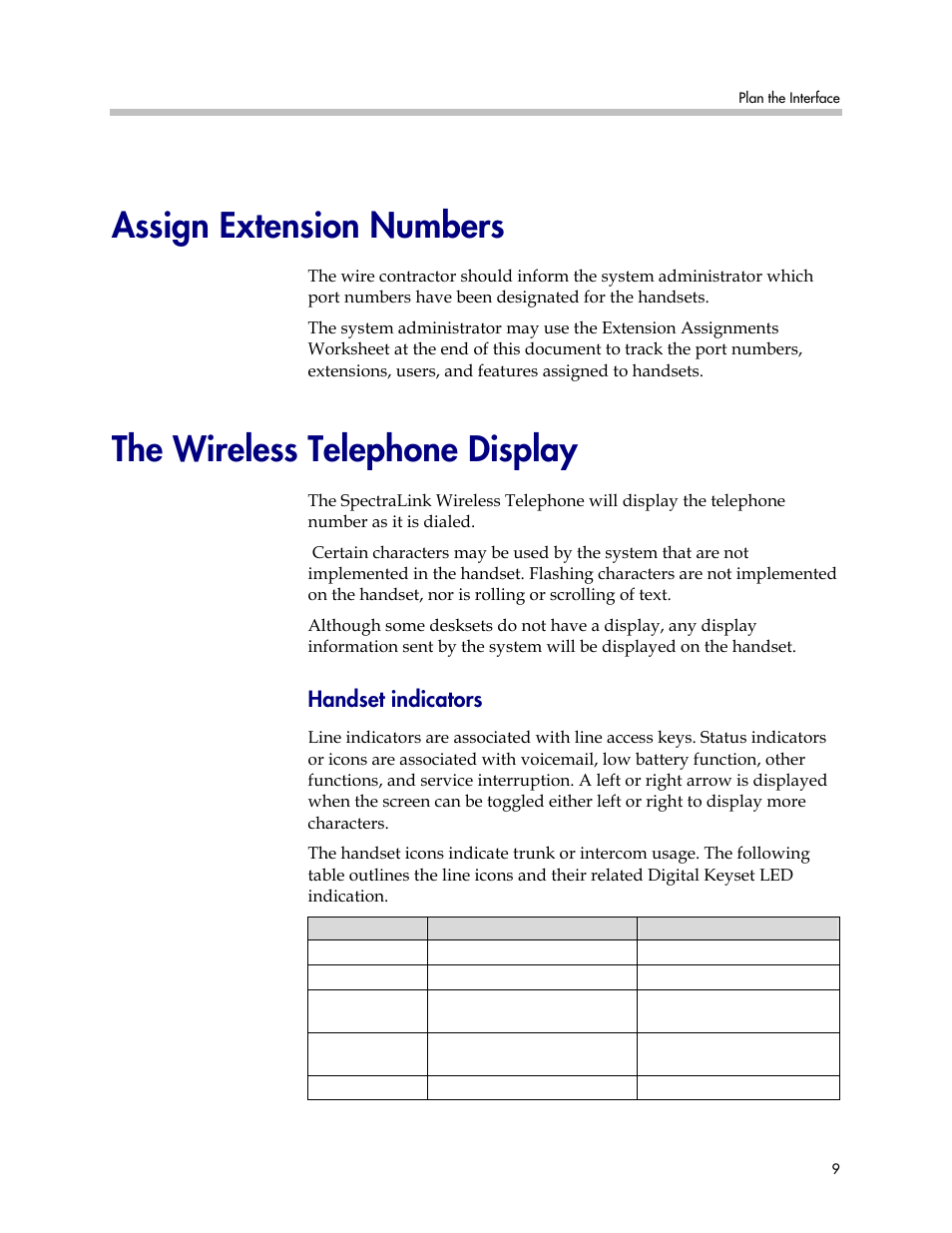 Assign extension numbers, The wireless telephone display, Handset indicators | Polycom KH 150 SE User Manual | Page 9 / 17