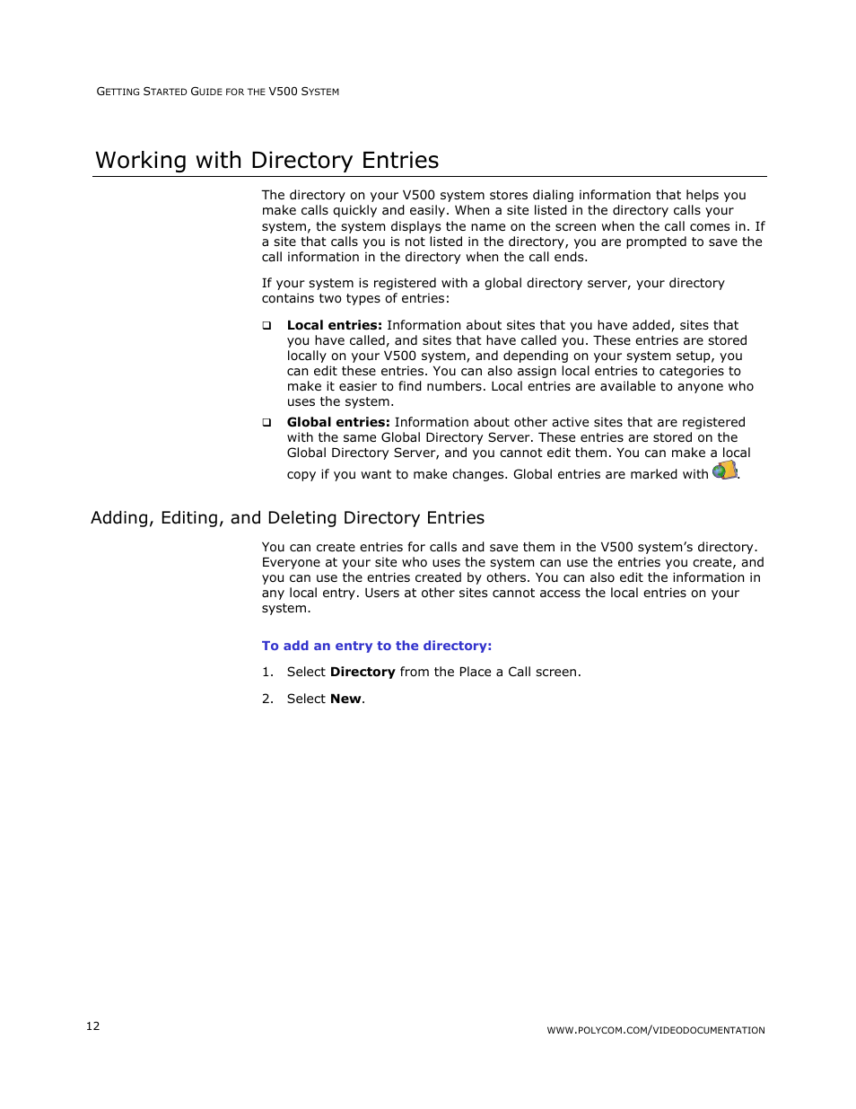 Working with directory entries, Adding, editing, and deleting directory entries | Polycom V500 User Manual | Page 16 / 27