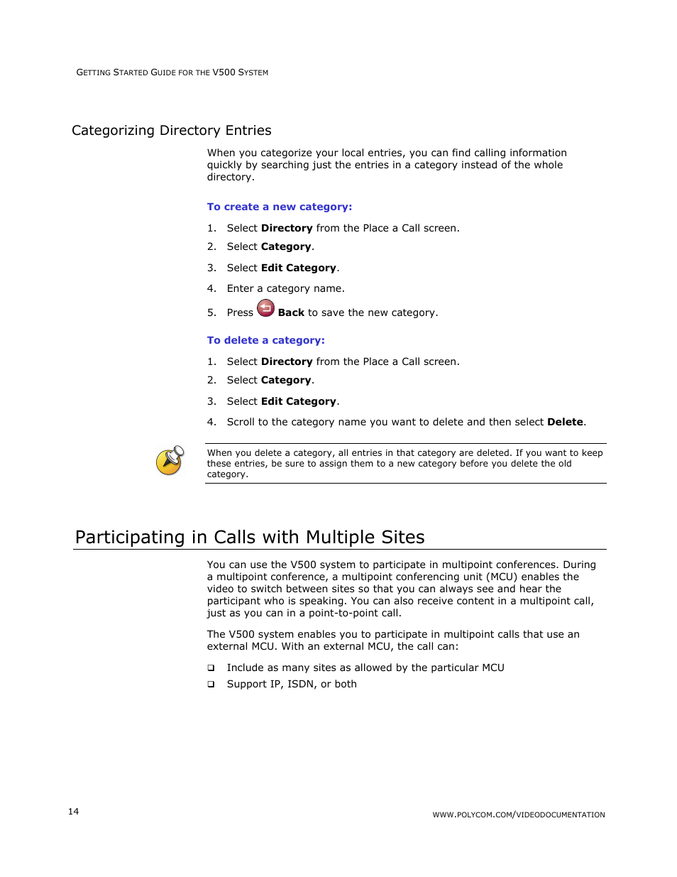 Categorizing directory entries, Participating in calls with multiple sites | Polycom V500 User Manual | Page 18 / 27