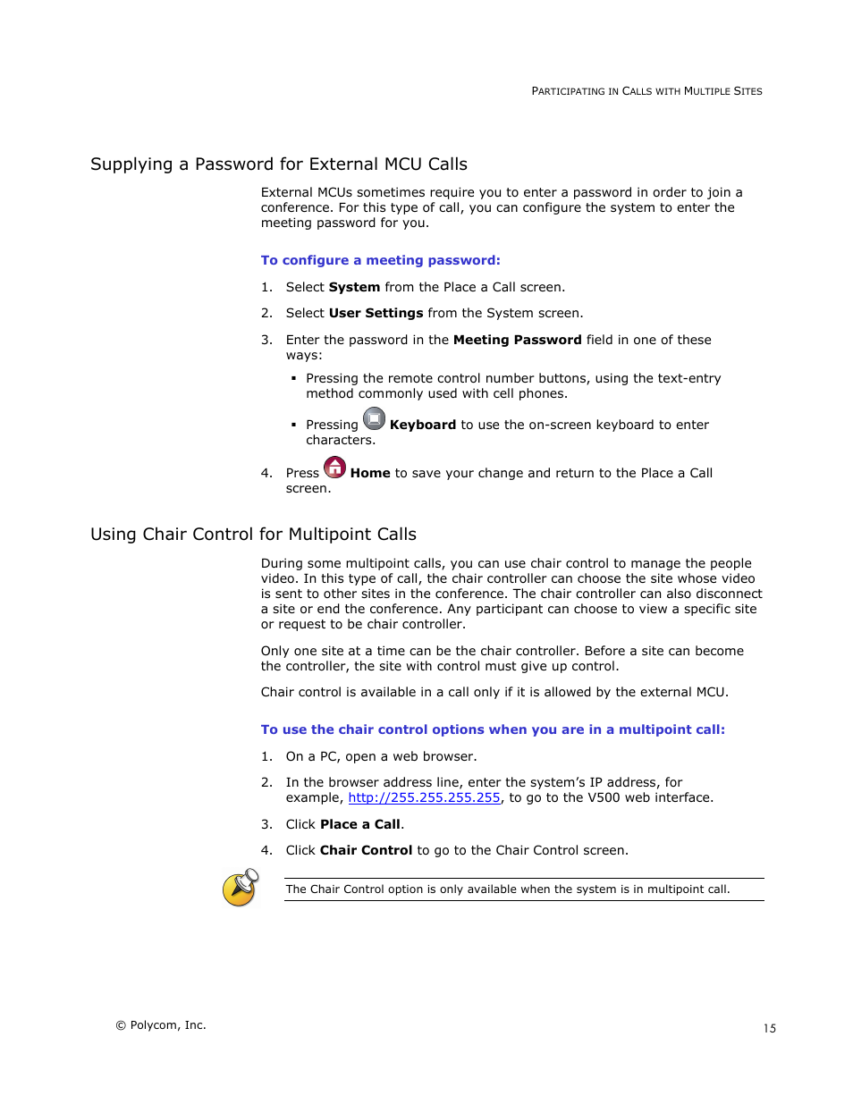 Supplying a password for external mcu calls, Using chair control for multipoint calls | Polycom V500 User Manual | Page 19 / 27