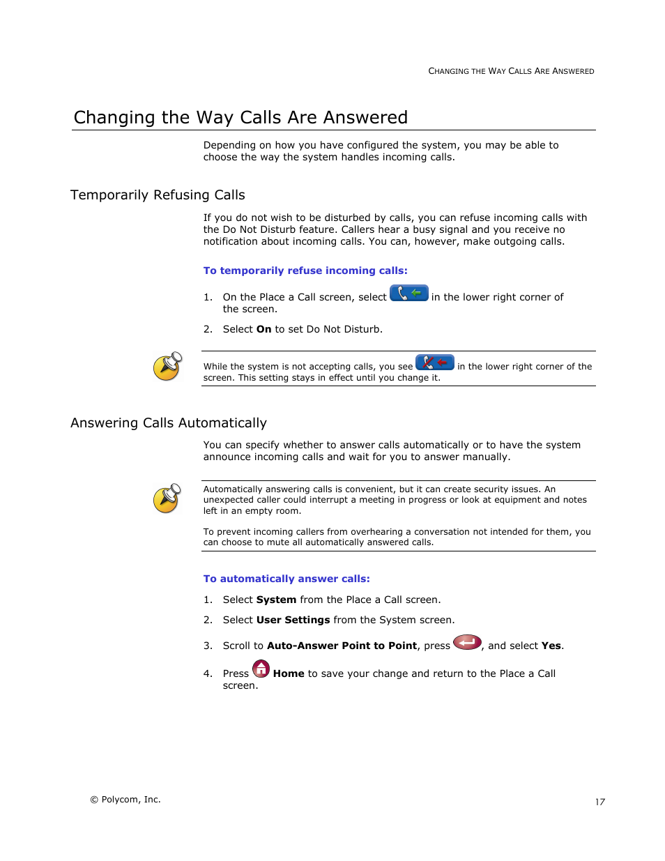 Changing the way calls are answered, Temporarily refusing calls, Answering calls automatically | Polycom V500 User Manual | Page 21 / 27