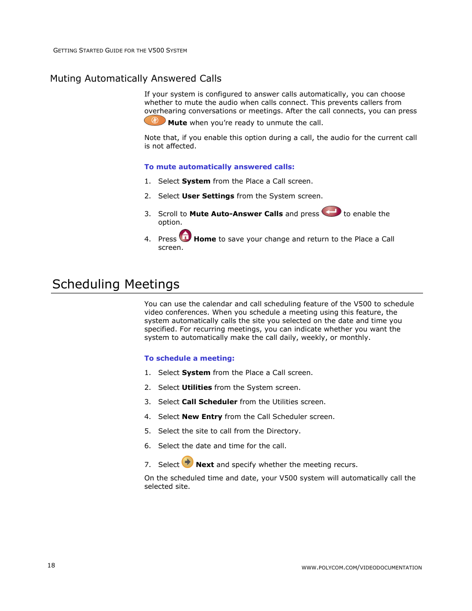 Muting automatically answered calls, Scheduling meetings | Polycom V500 User Manual | Page 22 / 27