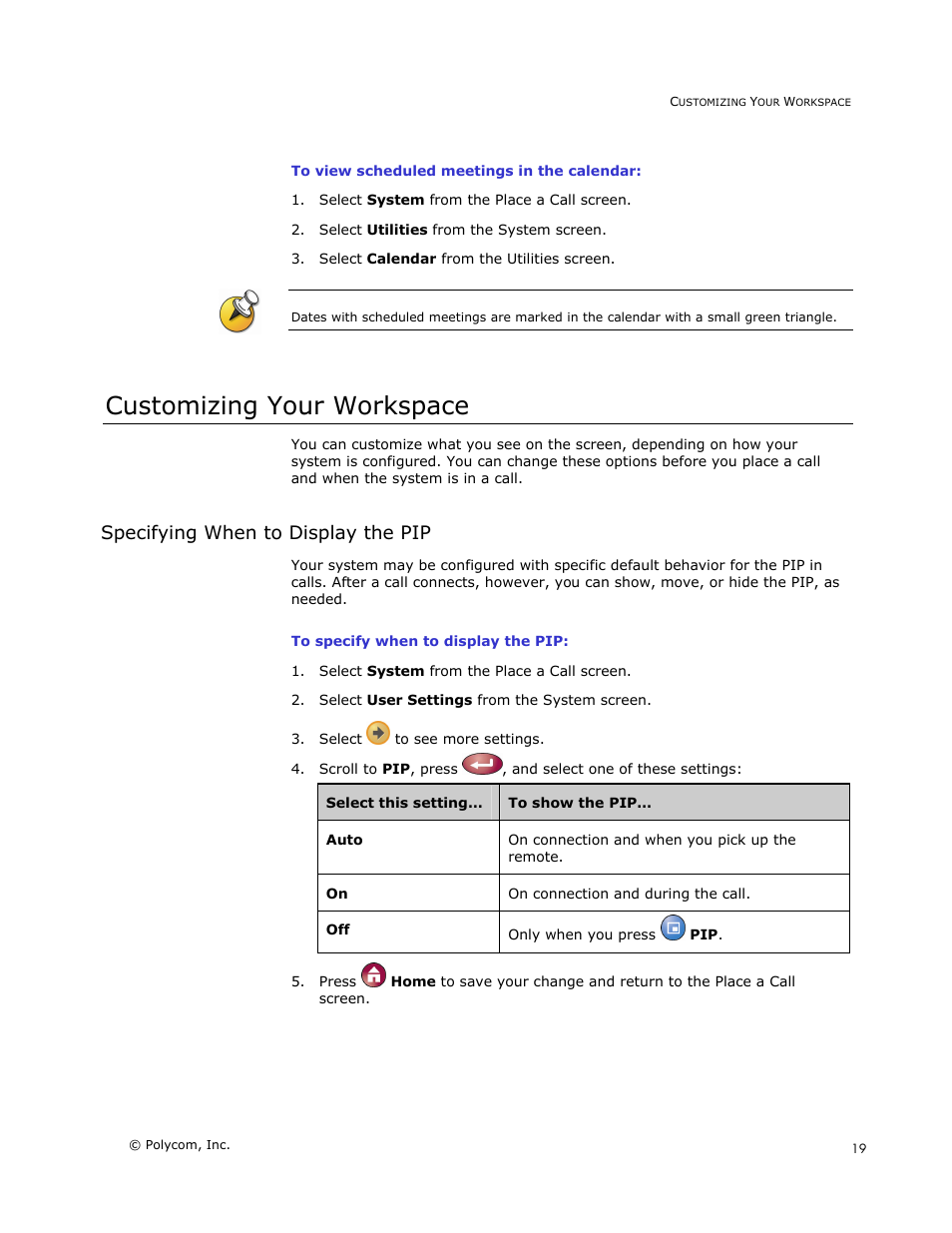 Customizing your workspace, Specifying when to display the pip | Polycom V500 User Manual | Page 23 / 27