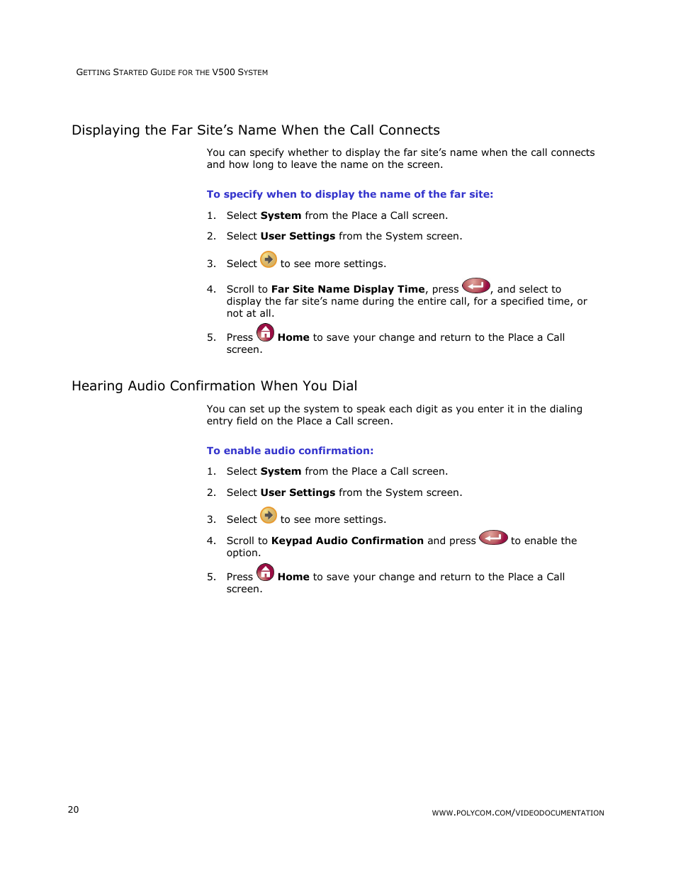 Displaying the far site’s name when the call conn, Hearing audio confirmation when you dial | Polycom V500 User Manual | Page 24 / 27