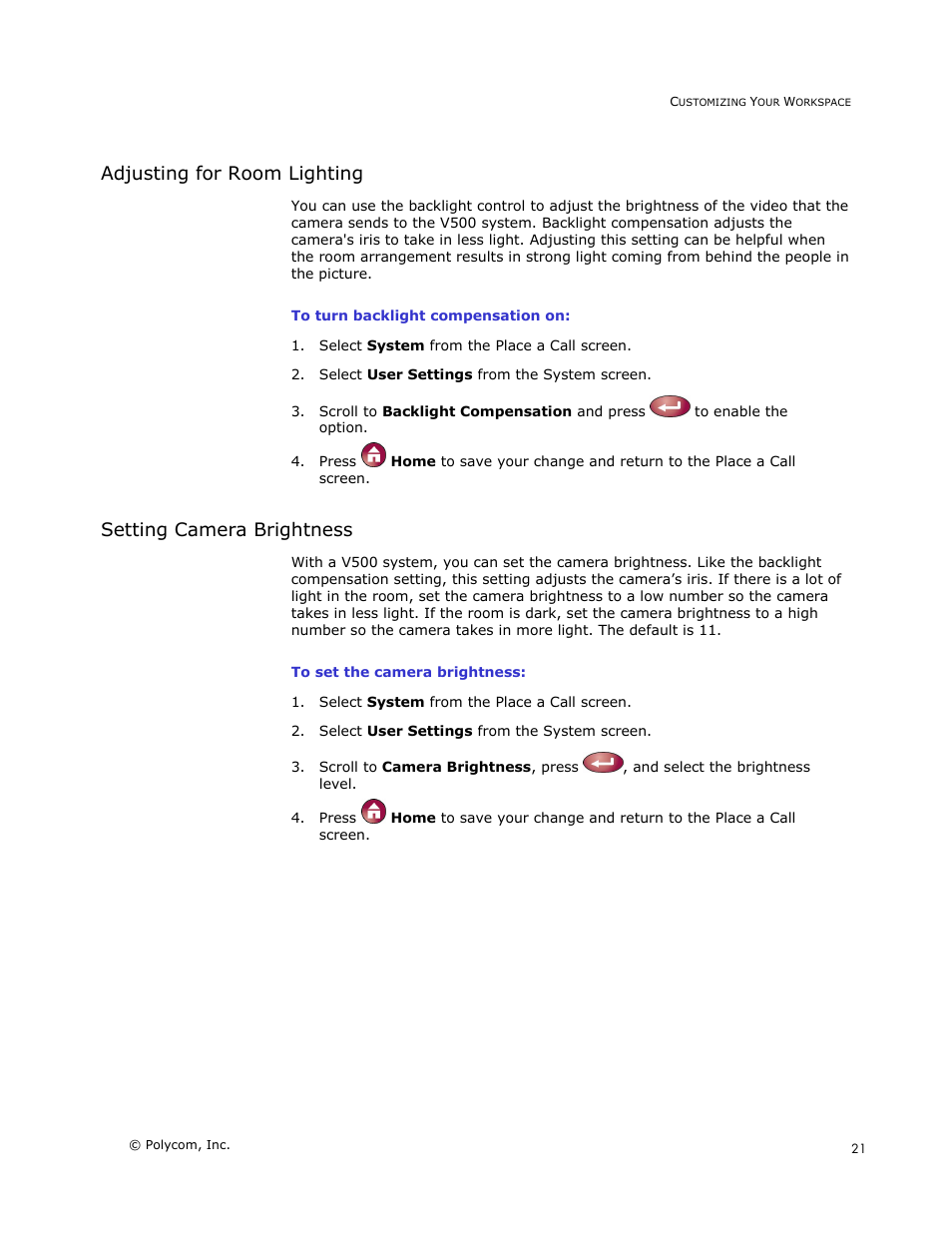 Adjusting for room lighting, Setting camera brightness | Polycom V500 User Manual | Page 25 / 27