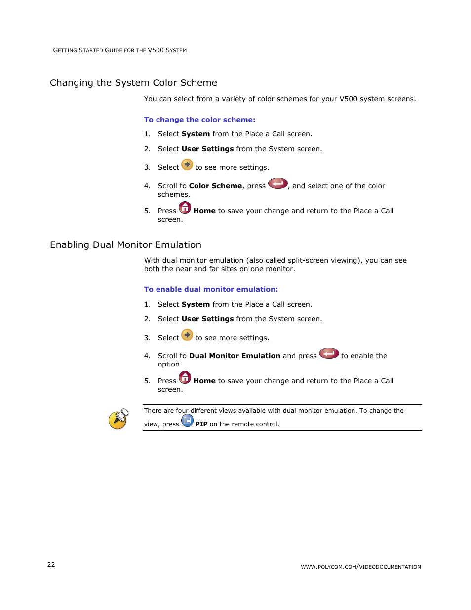 Changing the system color scheme, Enabling dual monitor emulation | Polycom V500 User Manual | Page 26 / 27