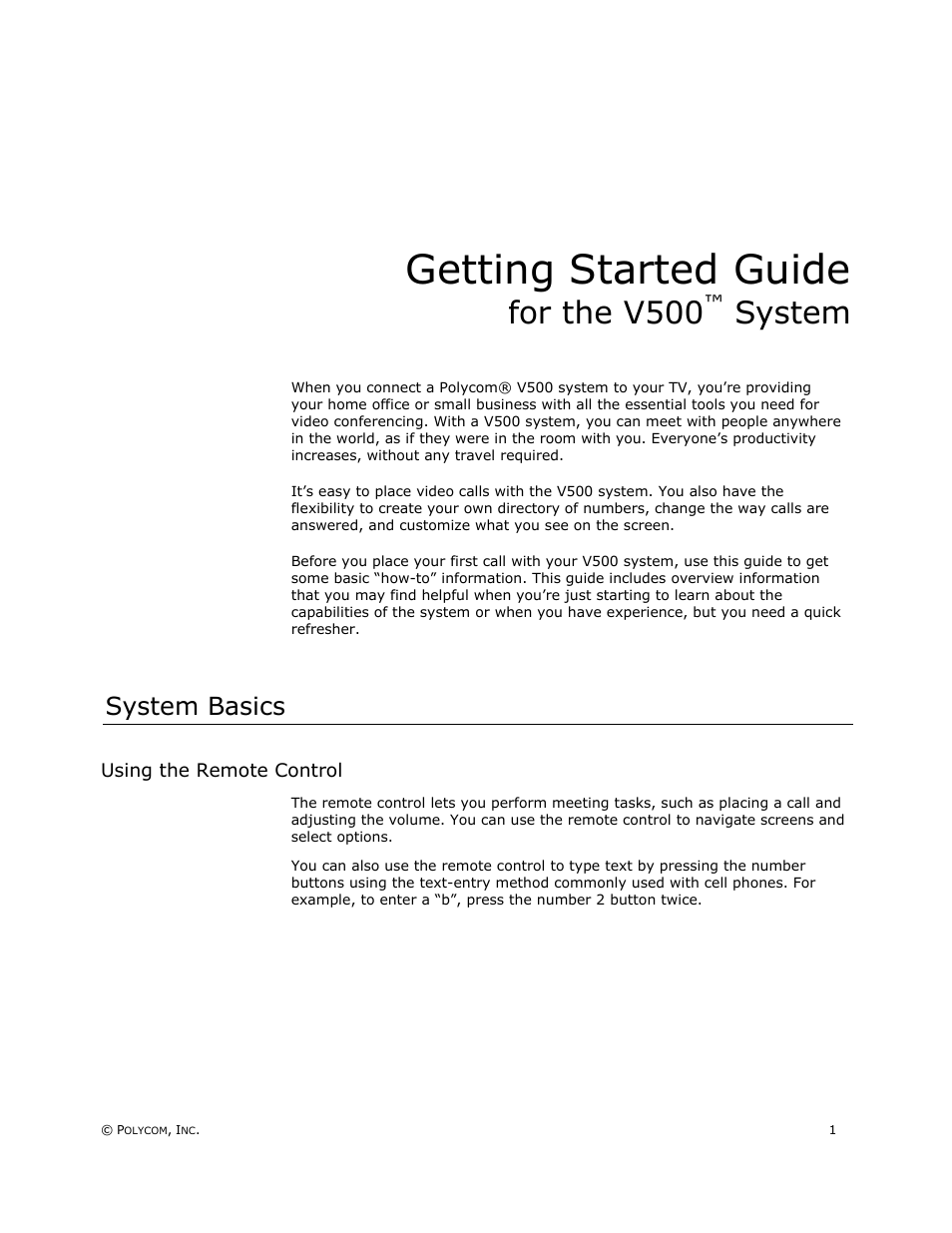 Getting started guide for the v500™ system, System basics, Using the remote control | Getting started guide, For the v500, System | Polycom V500 User Manual | Page 5 / 27