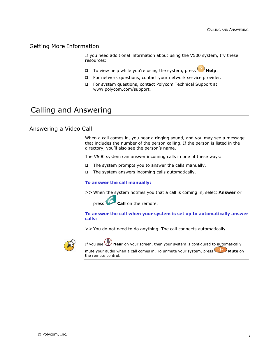 Getting more information, Calling and answering, Answering a video call | Polycom V500 User Manual | Page 7 / 27