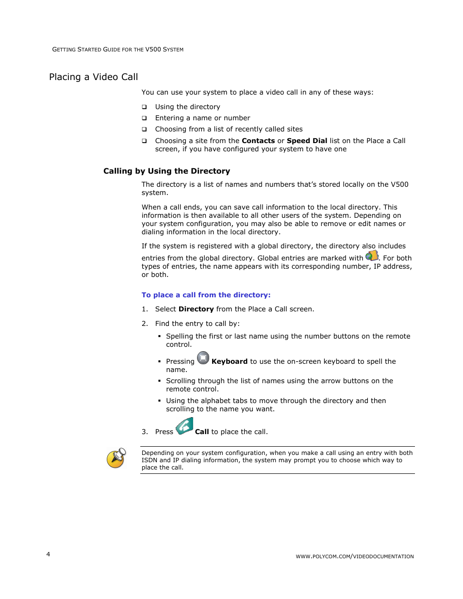 Placing a video call, Calling by using the directory | Polycom V500 User Manual | Page 8 / 27