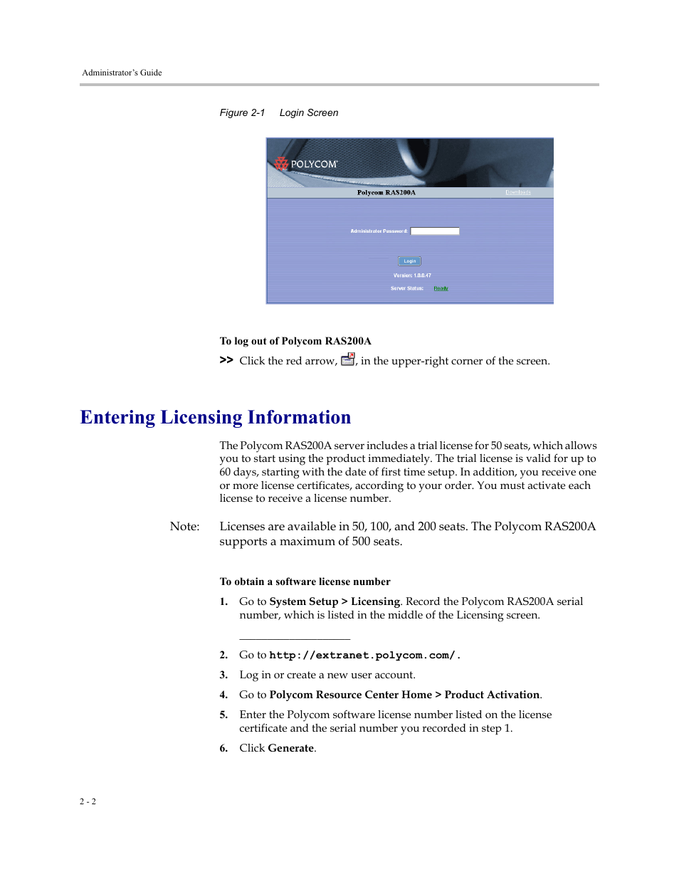 Entering licensing information, Entering licensing information -2 | Polycom RAS200A User Manual | Page 10 / 28