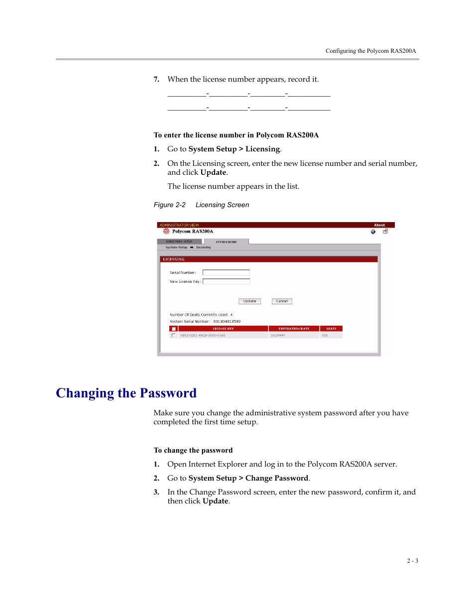 Changing the password, Changing the password -3 | Polycom RAS200A User Manual | Page 11 / 28