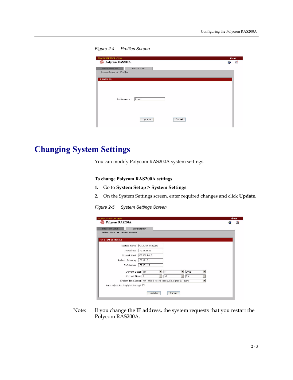 Changing system settings, Changing system settings -5 | Polycom RAS200A User Manual | Page 13 / 28