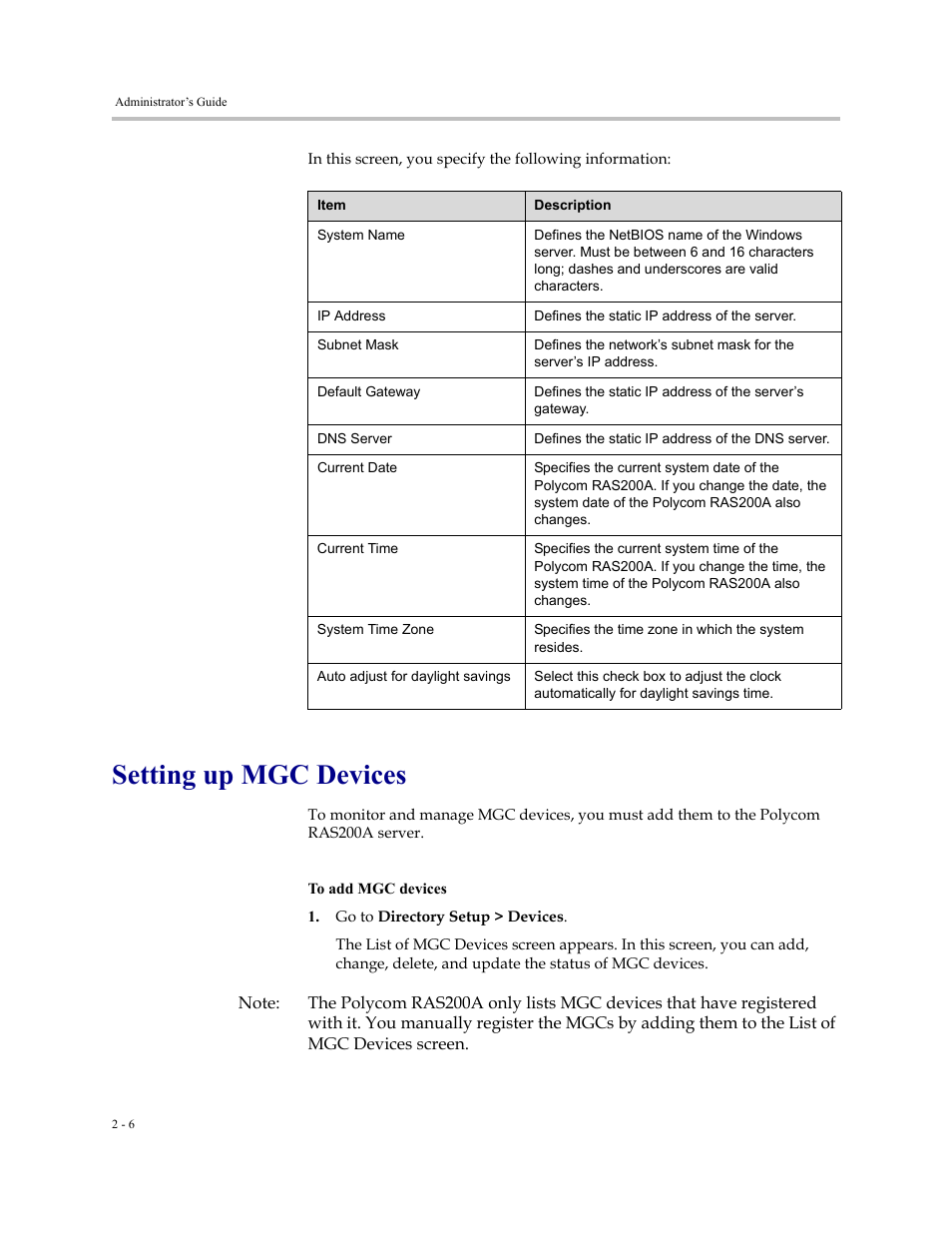 Setting up mgc devices, Setting up mgc devices -6 | Polycom RAS200A User Manual | Page 14 / 28