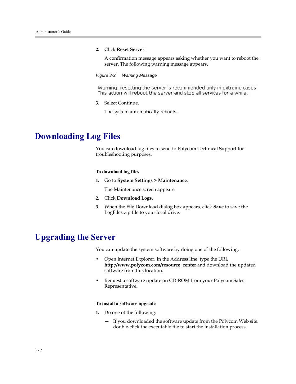 Downloading log files, Upgrading the server, Downloading log files -2 upgrading the server -2 | Polycom RAS200A User Manual | Page 20 / 28