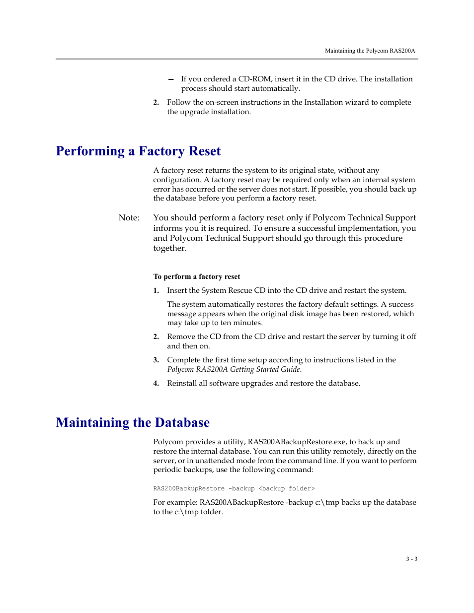 Performing a factory reset, Maintaining the database | Polycom RAS200A User Manual | Page 21 / 28