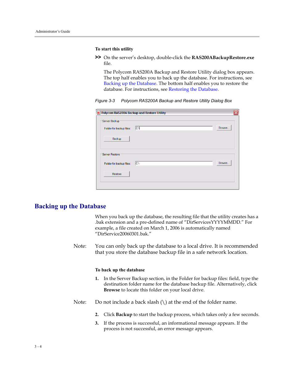 Backing up the database, Backing up the database -4 | Polycom RAS200A User Manual | Page 22 / 28