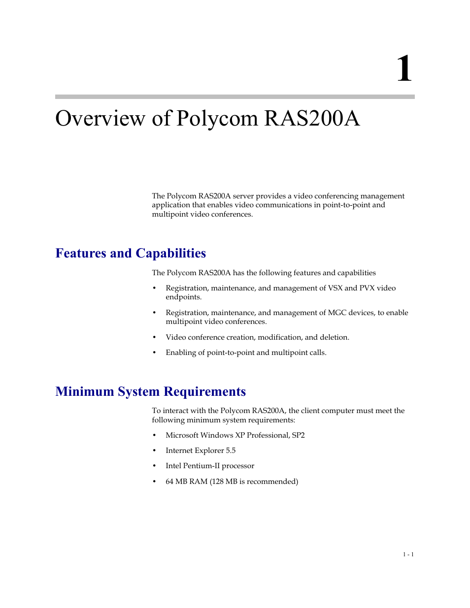 Overview of polycom ras200a, Features and capabilities, Minimum system requirements | 1 overview of polycom ras200a -1 | Polycom RAS200A User Manual | Page 7 / 28