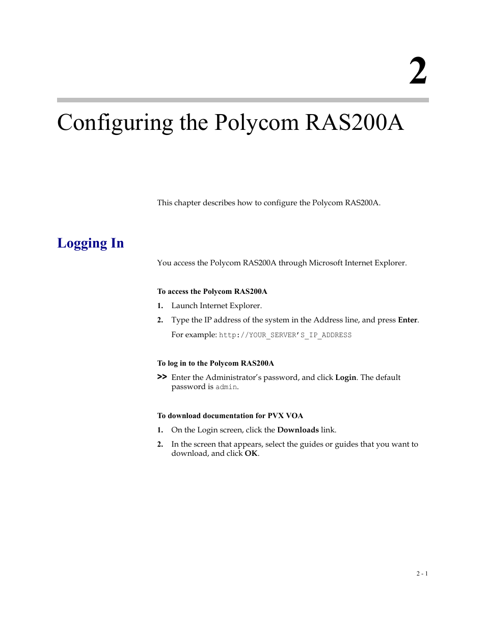 Configuring the polycom ras200a, Logging in, 2 configuring the polycom ras200a -1 | Logging in -1 | Polycom RAS200A User Manual | Page 9 / 28