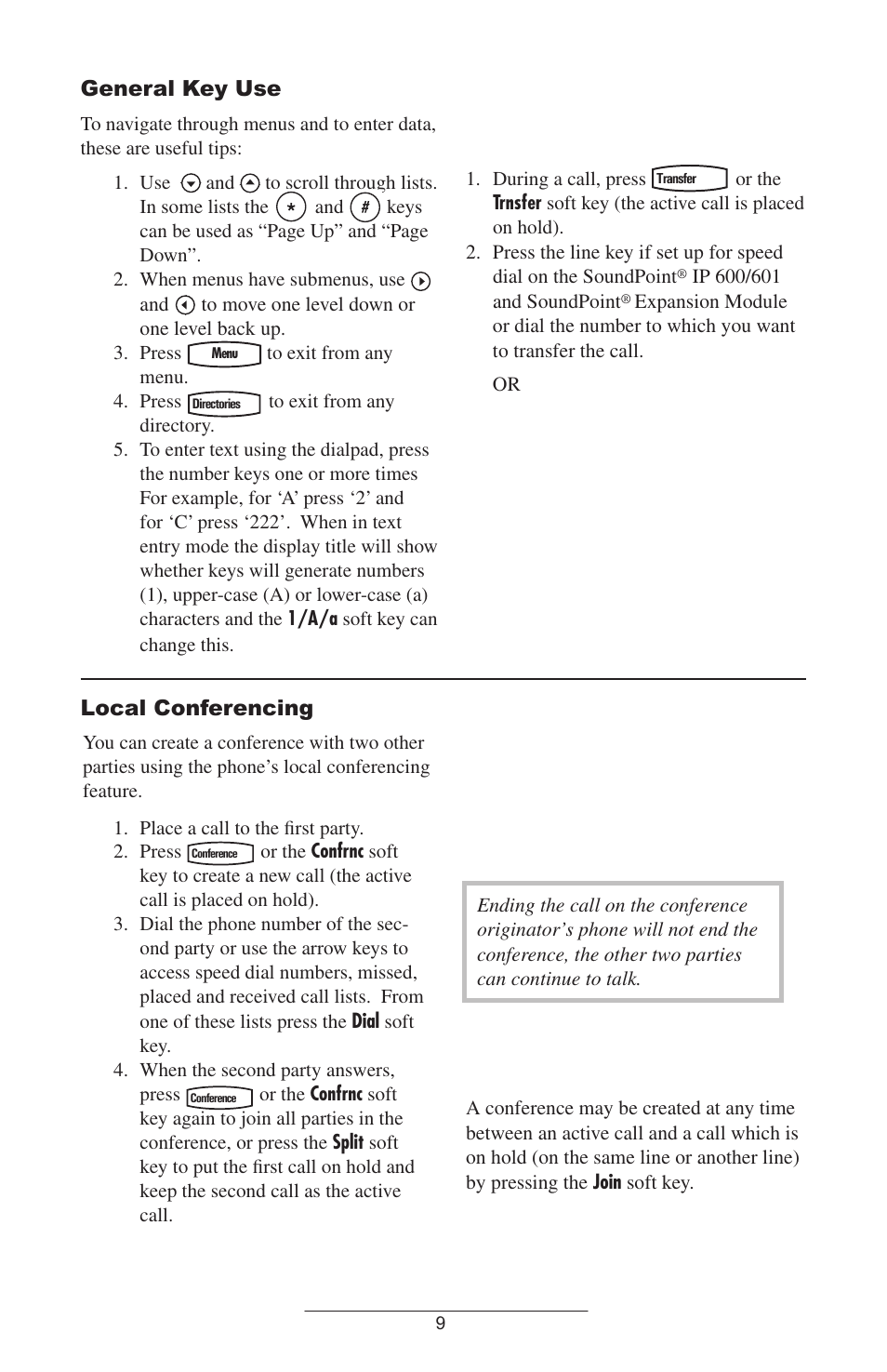 General key use, Local conferencing | Polycom IP 600/601 User Manual | Page 12 / 39