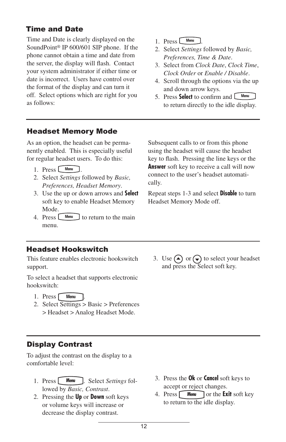 Time and date, Display contrast, Headset hookswitch | Polycom IP 600/601 User Manual | Page 15 / 39