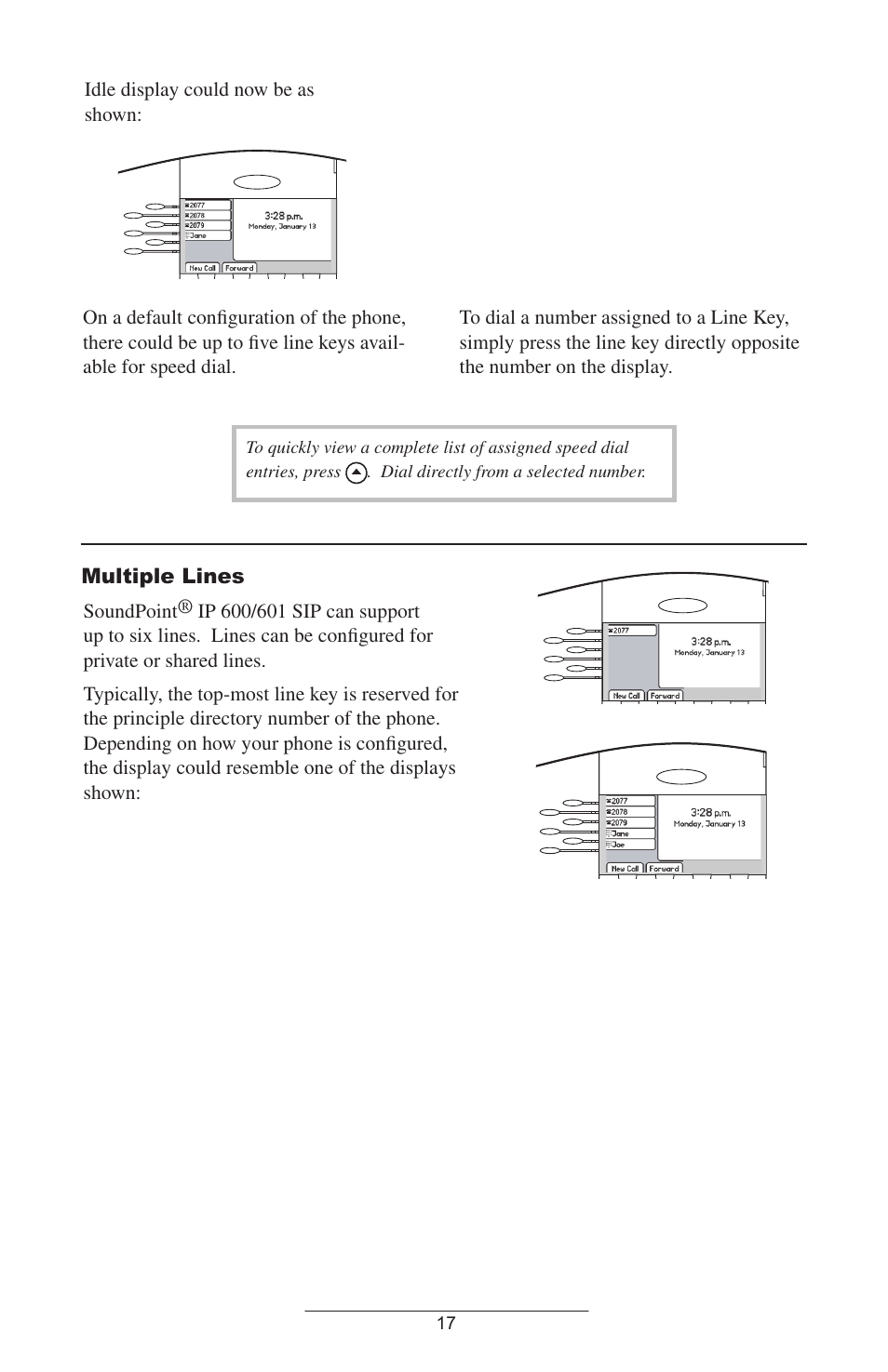 Multiple lines, Idle display could now be as shown, Dial directly from a selected number | Polycom IP 600/601 User Manual | Page 20 / 39