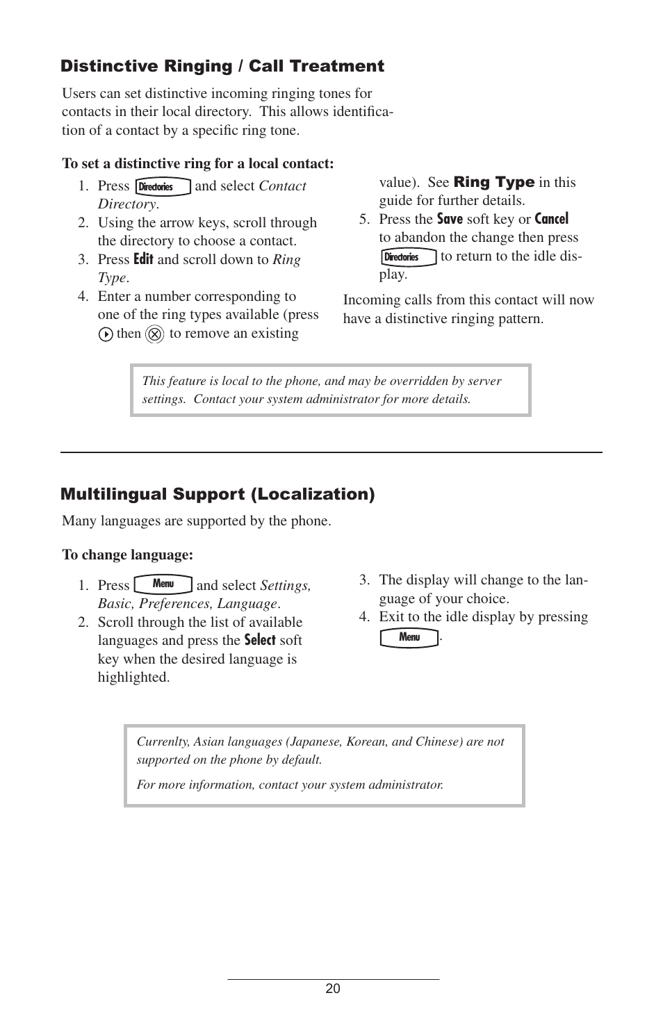 Distinctive ringing / call treatment, Multilingual support (localization) | Polycom IP 600/601 User Manual | Page 23 / 39