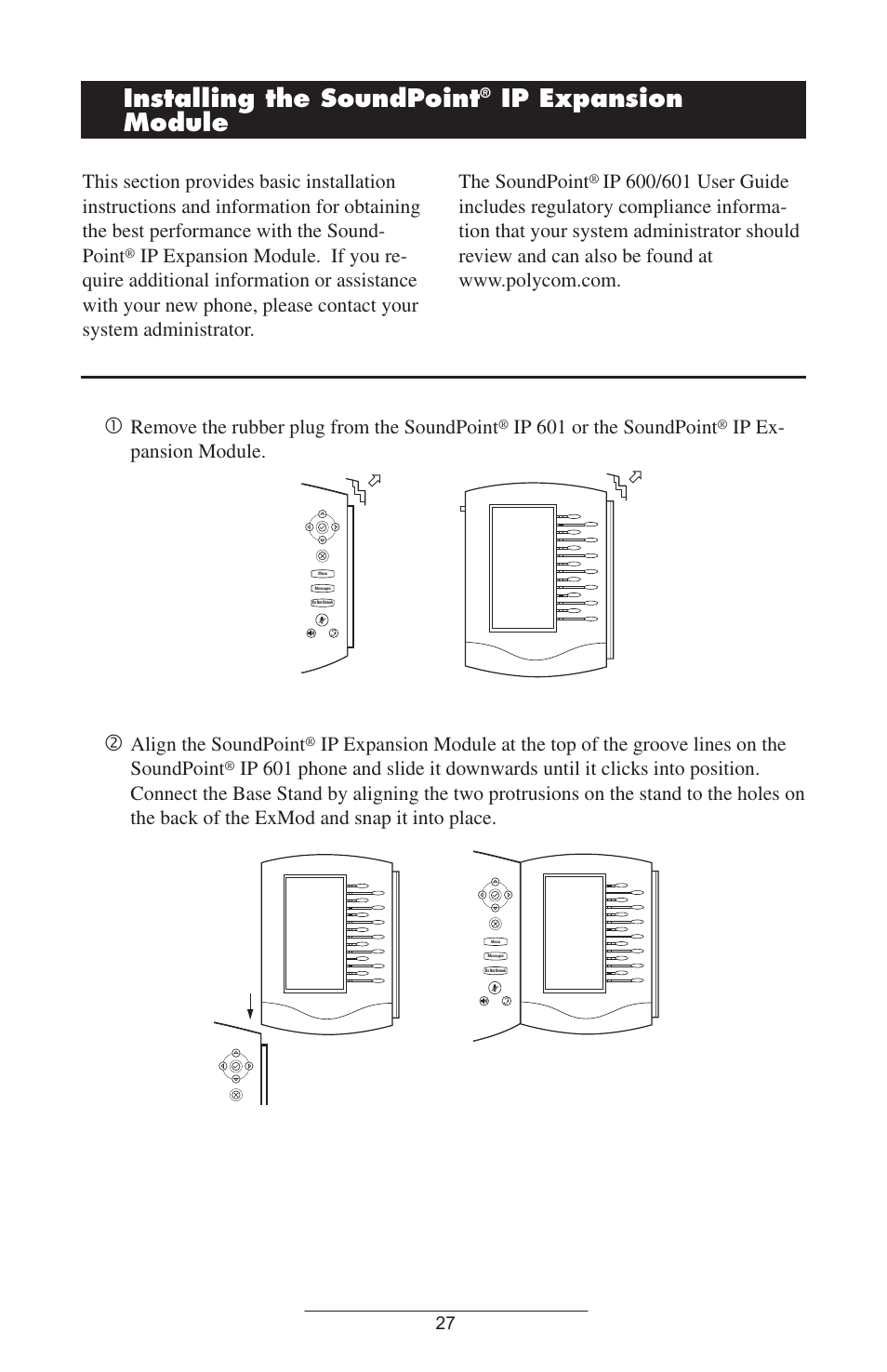 Installing.the.soundpoint, Ip.expansion. module, Remove the rubber plug from the soundpoint | Ip 601 or the soundpoint, Ip ex- pansion module, Align the soundpoint | Polycom IP 600/601 User Manual | Page 30 / 39