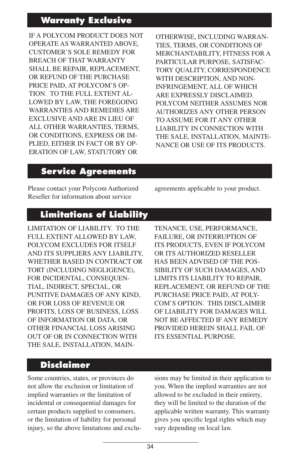 Limitations.of.liability disclaimer, Warranty.exclusive service.agreements | Polycom IP 600/601 User Manual | Page 37 / 39