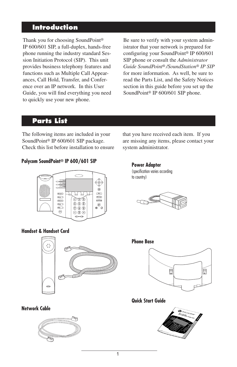 Introduction parts.list, Soundstation, Phone base quick start guide | Specification varies according to country) | Polycom IP 600/601 User Manual | Page 4 / 39