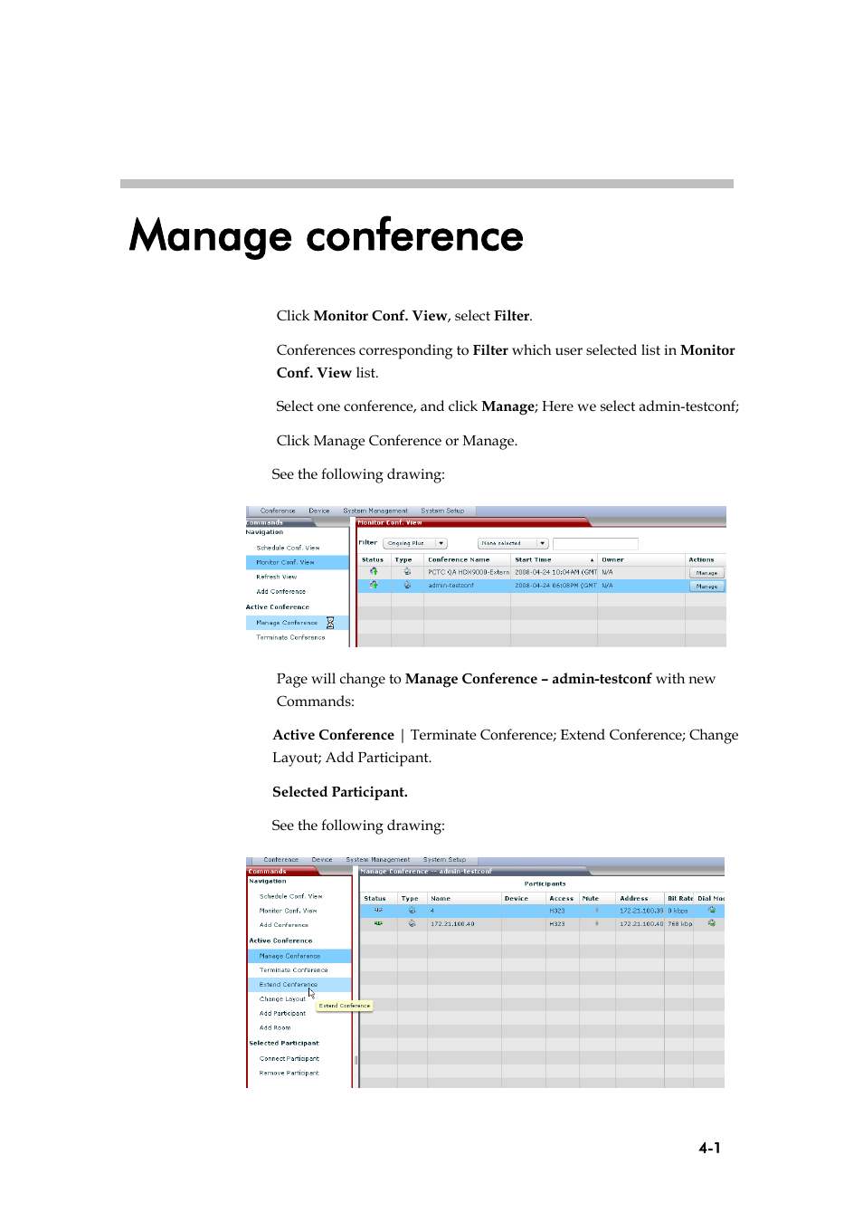 Manage conference | Polycom V4.0 INTEGRATION SE 200 V3.0.2/CMA User Manual | Page 15 / 23