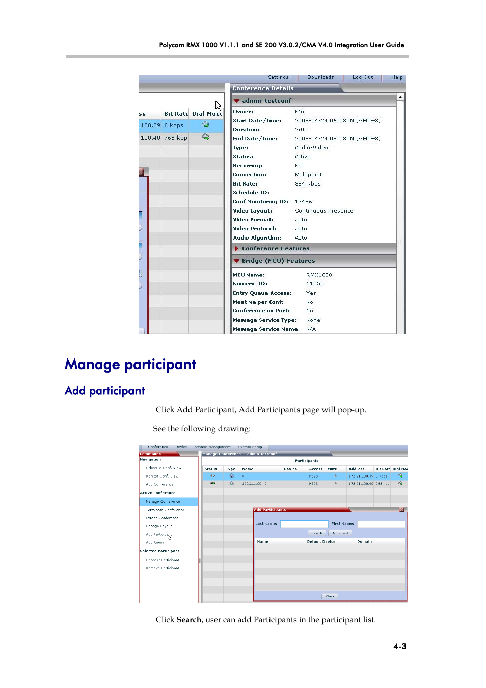 Manage participant, Add participant | Polycom V4.0 INTEGRATION SE 200 V3.0.2/CMA User Manual | Page 17 / 23