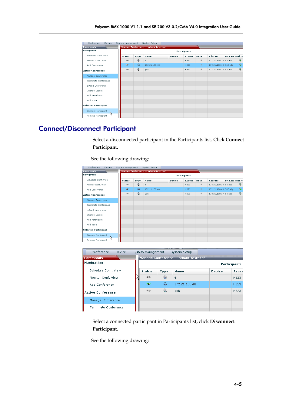 Connect/disconnect participant | Polycom V4.0 INTEGRATION SE 200 V3.0.2/CMA User Manual | Page 19 / 23