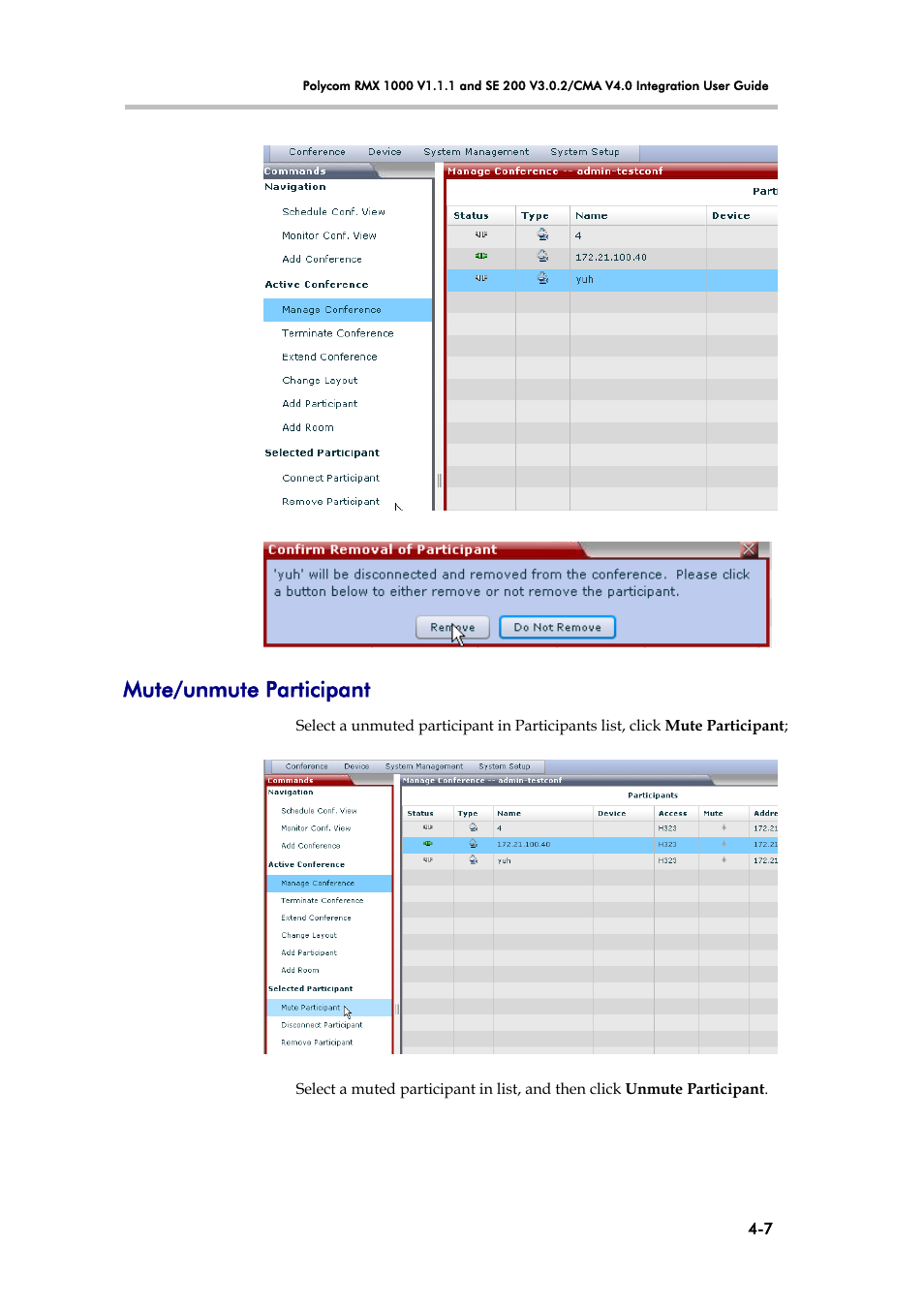 Mute/unmute participant | Polycom V4.0 INTEGRATION SE 200 V3.0.2/CMA User Manual | Page 21 / 23