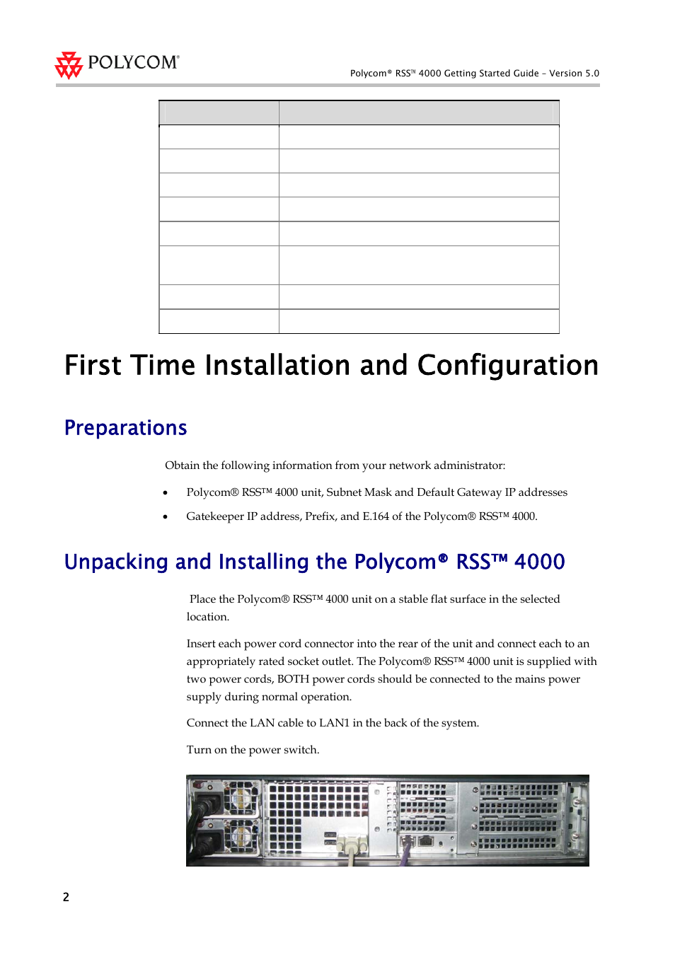 First time installation and configuration, Preparations, Unpacking and installing the polycom® rss™ 4000 | Polycom 3150-30828-001 User Manual | Page 5 / 14