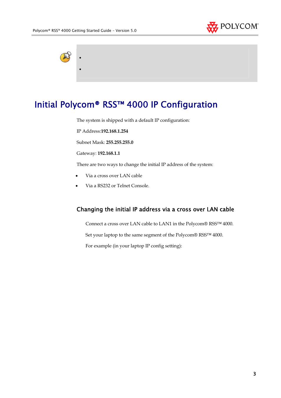 Initial polycom® rss™ 4000 ip configuration, Initial, Polycom® rss™ 4000 ip configuration | Polycom 3150-30828-001 User Manual | Page 6 / 14