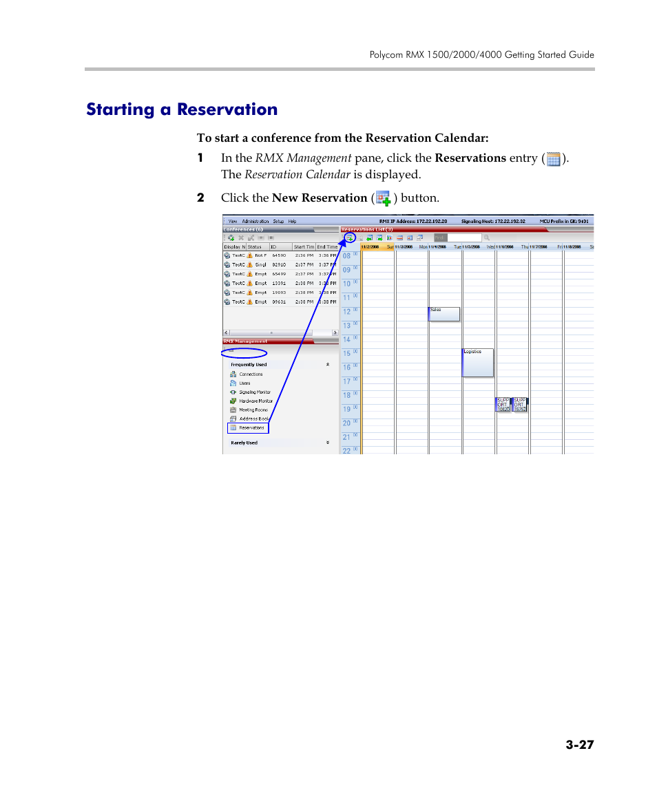 Starting a reservation, Starting a reservation -27 | Polycom DOC2560C User Manual | Page 105 / 188