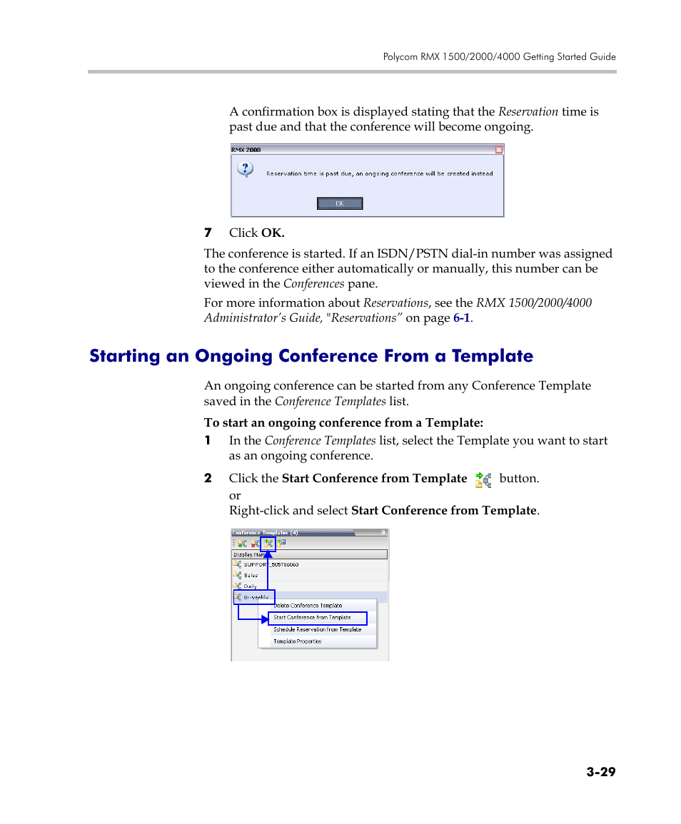 Starting an ongoing conference from a template, Starting an ongoing conference from a template -29 | Polycom DOC2560C User Manual | Page 107 / 188